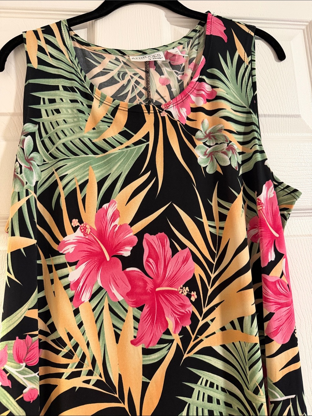 Attitudes by Renee Black Maxi Dress with Pink Floral and Green Leaf Print 1x - Picture 3 of 6